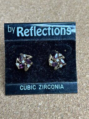 J-423 Gold-Tone Reflections Cubic Zirconia Stud Earrings Purple & Clear Stone Ac